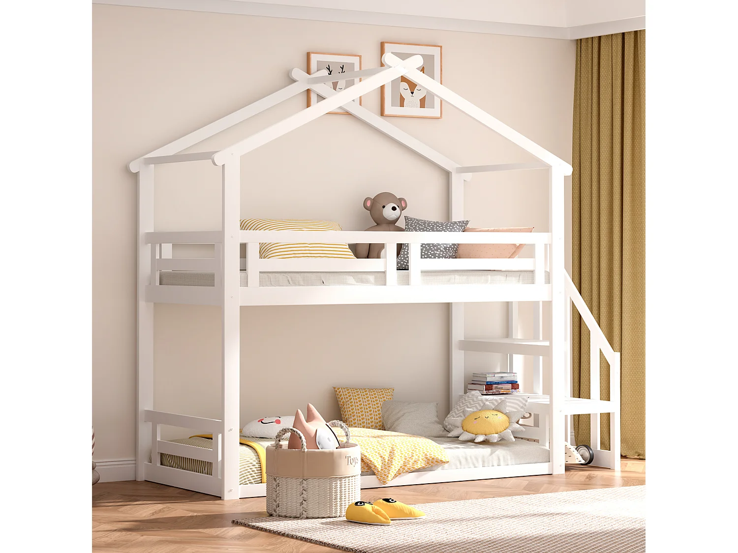 Lit superposé d'enfant 90x200cm - lit cabane avec escalier de sécurité, cadre de lit en bois massif avec sommier à lattes - blanc