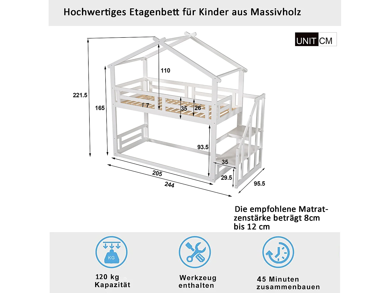 Lit superposé d'enfant 90x200cm - lit cabane avec escalier de sécurité, cadre de lit en bois massif avec sommier à lattes - blanc