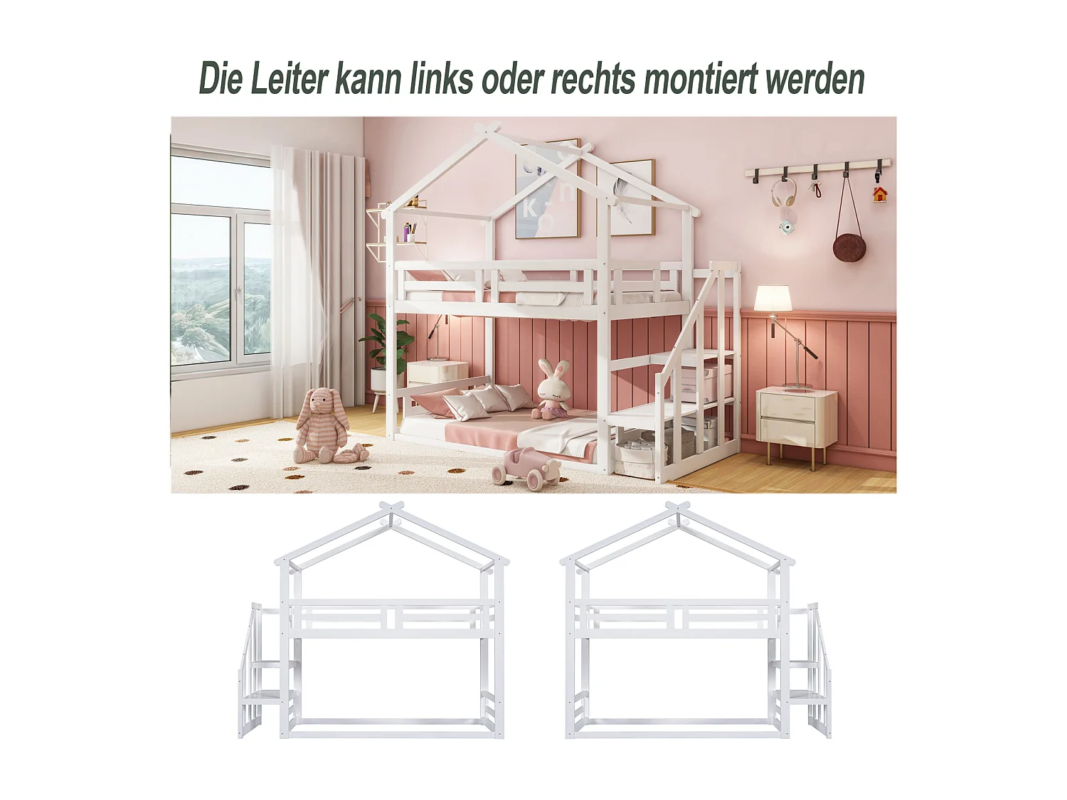 Lit superposé d'enfant 90x200cm - lit cabane avec escalier de sécurité, cadre de lit en bois massif avec sommier à lattes - blanc