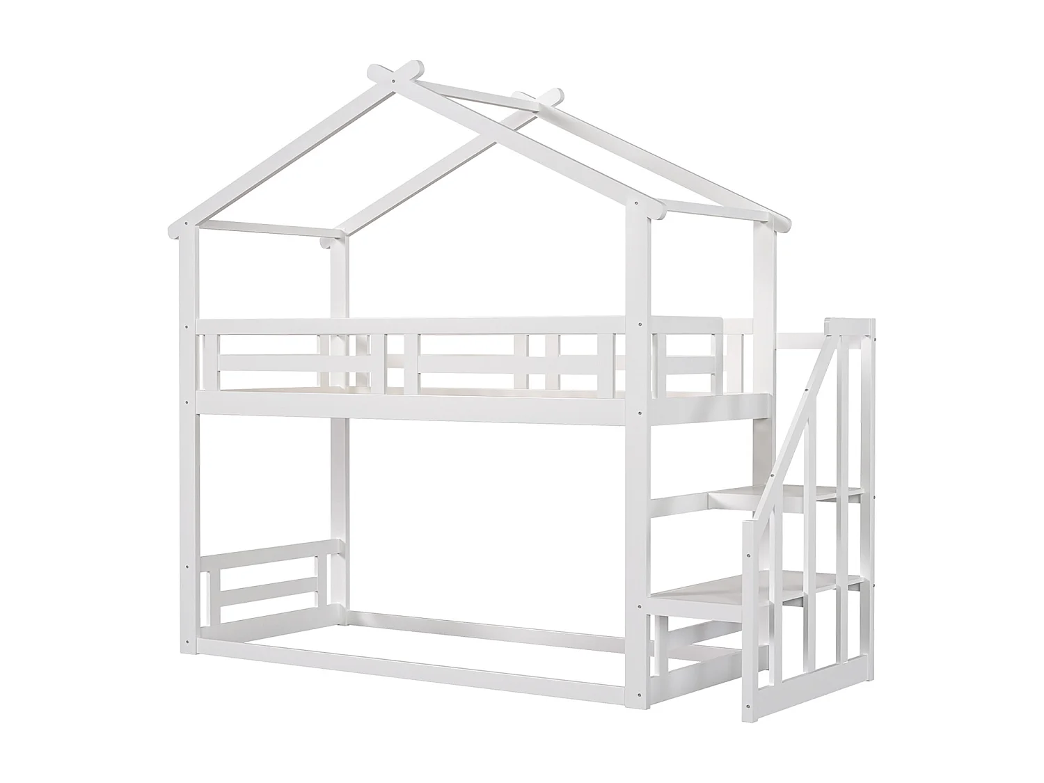 Lit superposé d'enfant 90x200cm - lit cabane avec escalier de sécurité, cadre de lit en bois massif avec sommier à lattes - blanc