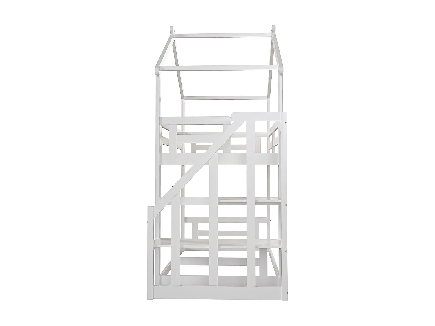 Lit superposé d'enfant 90x200cm - lit cabane avec escalier de sécurité, cadre de lit en bois massif avec sommier à lattes - blanc