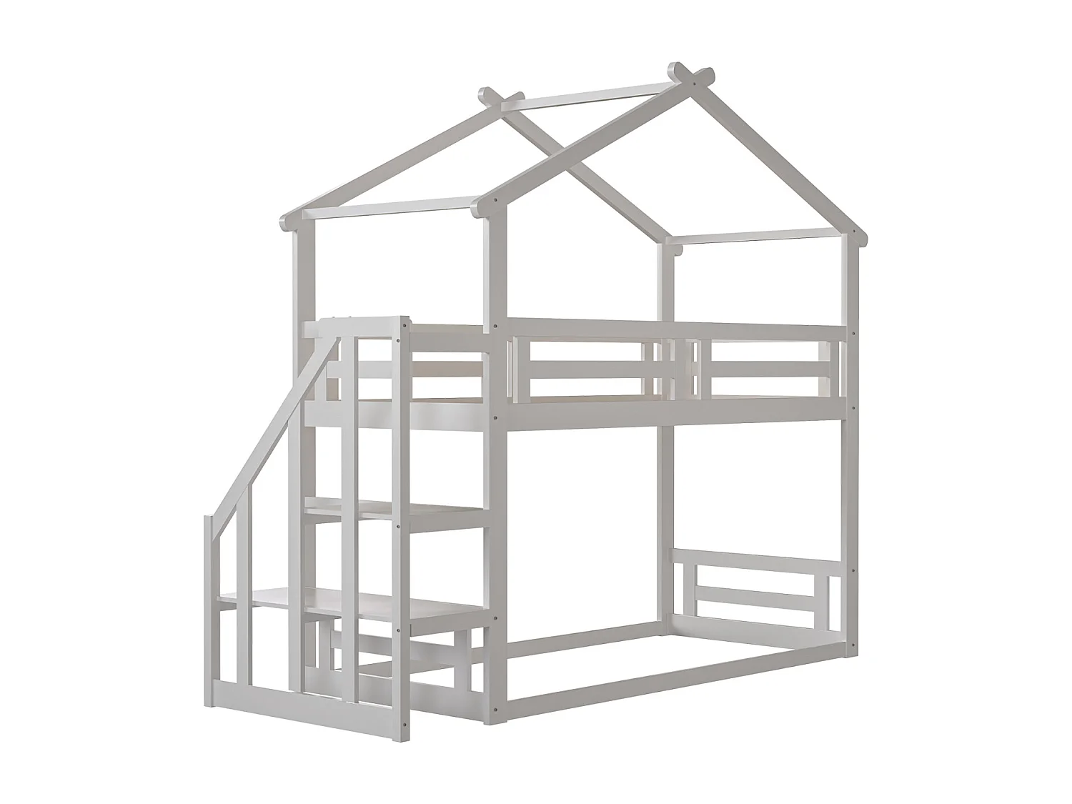 Lit superposé d'enfant 90x200cm - lit cabane avec escalier de sécurité, cadre de lit en bois massif avec sommier à lattes - blanc
