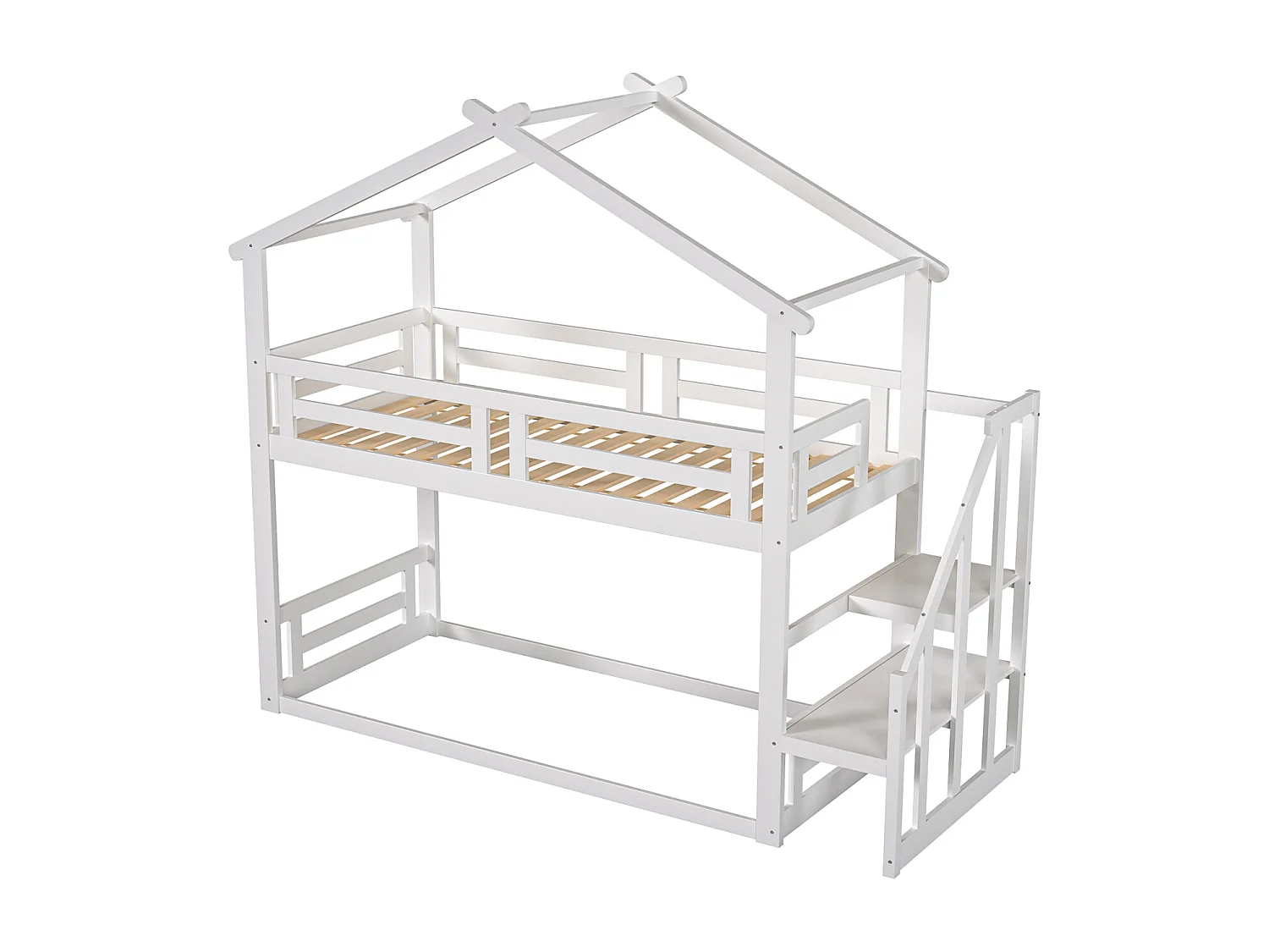 Lit superposé d'enfant 90x200cm - lit cabane avec escalier de sécurité, cadre de lit en bois massif avec sommier à lattes - blanc