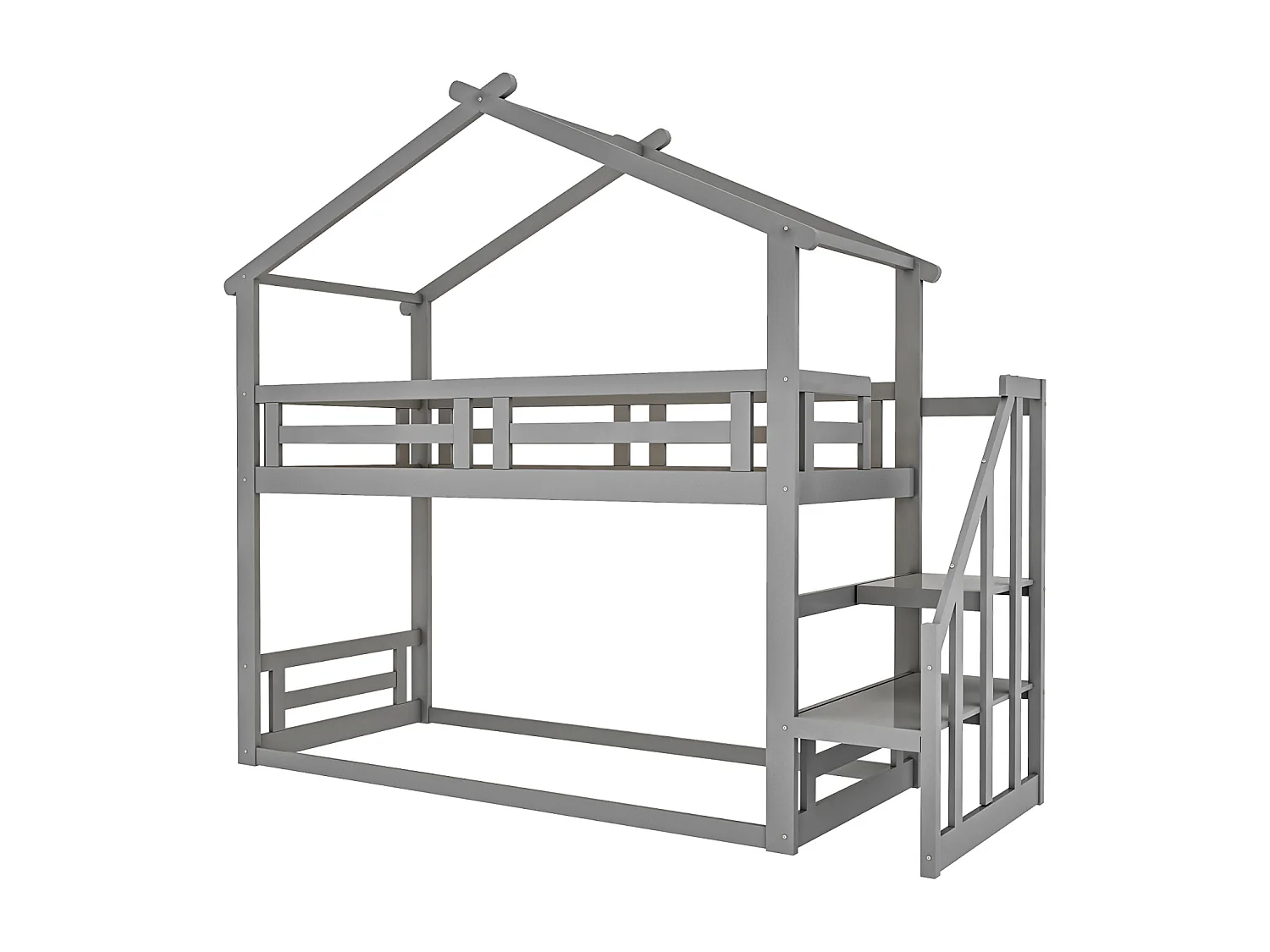 Lit superposé d'enfant 90x200cm - lit cabane avec escalier de sécurité, cadre de lit en bois massif avec sommier à lattes - gris