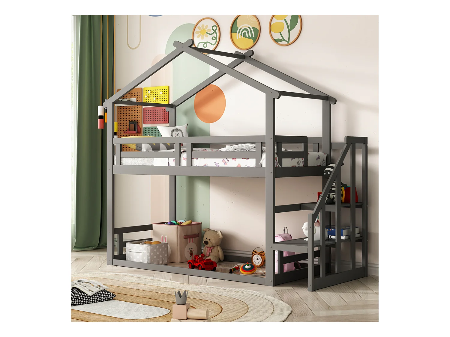 Lit superposé d'enfant 90x200cm - lit cabane avec escalier de sécurité, cadre de lit en bois massif avec sommier à lattes - gris