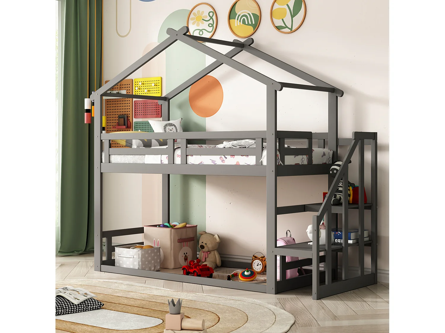 Letto a castello per bambini 90x200cm - letto a soppalco con scaletta di sicurezza, struttura in legno massello con rete a doghe - grigio