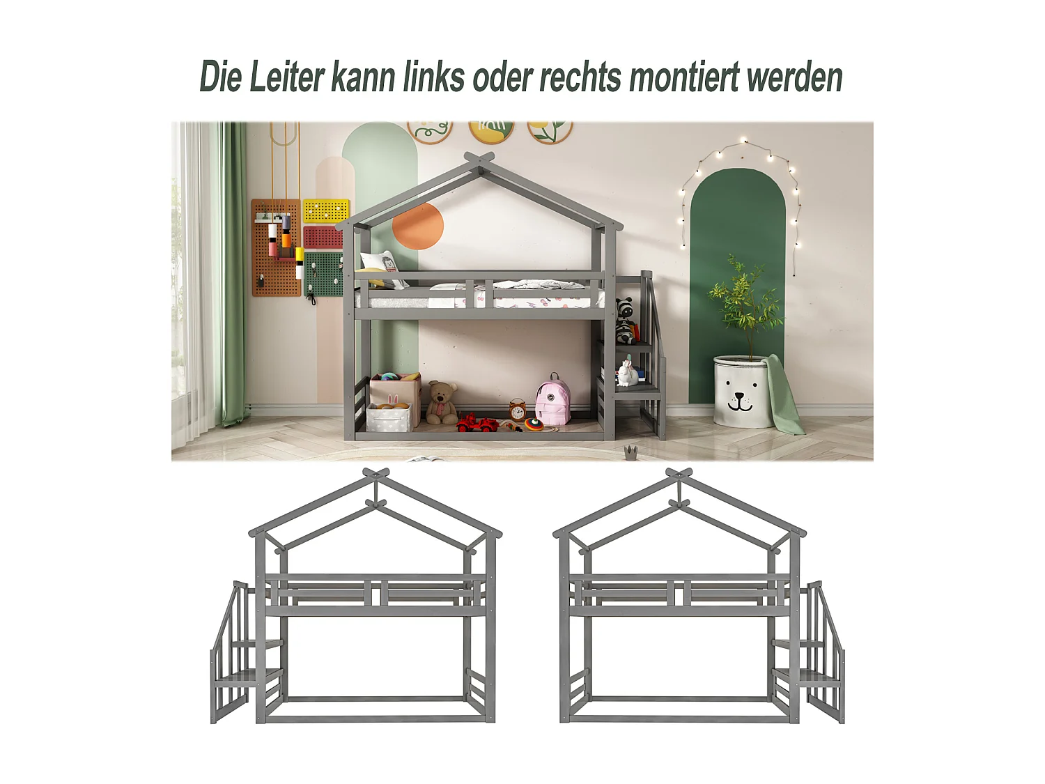 Letto a castello per bambini 90x200cm - letto a soppalco con scaletta di sicurezza, struttura in legno massello con rete a doghe - grigio