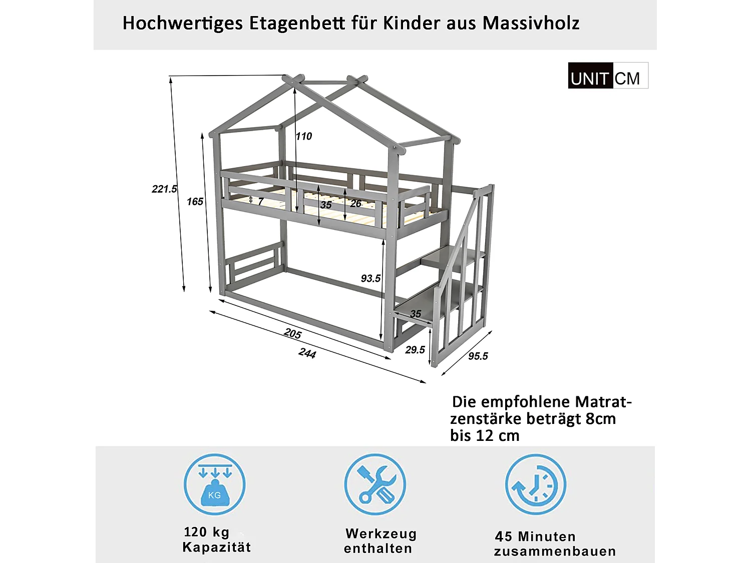 Letto a castello per bambini 90x200cm - letto a soppalco con scaletta di sicurezza, struttura in legno massello con rete a doghe - grigio