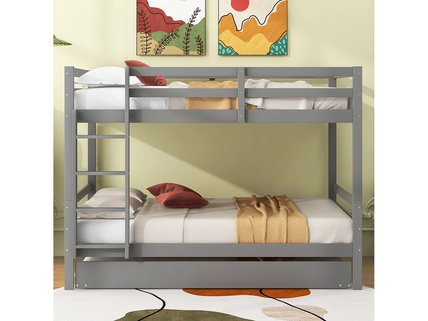 Lit superposé 140x200cm, avec lit gigogne 90x190cm, avec échelle, arde-corps hauts, gris