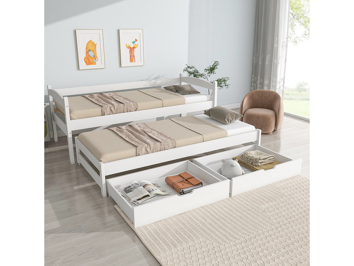 Letto A Castello Con Letto Estraibile E Cassetti - 90x200 Cm In Legno Di Pino, Bianco, Per Bambini E Ragazzi - Foto 4