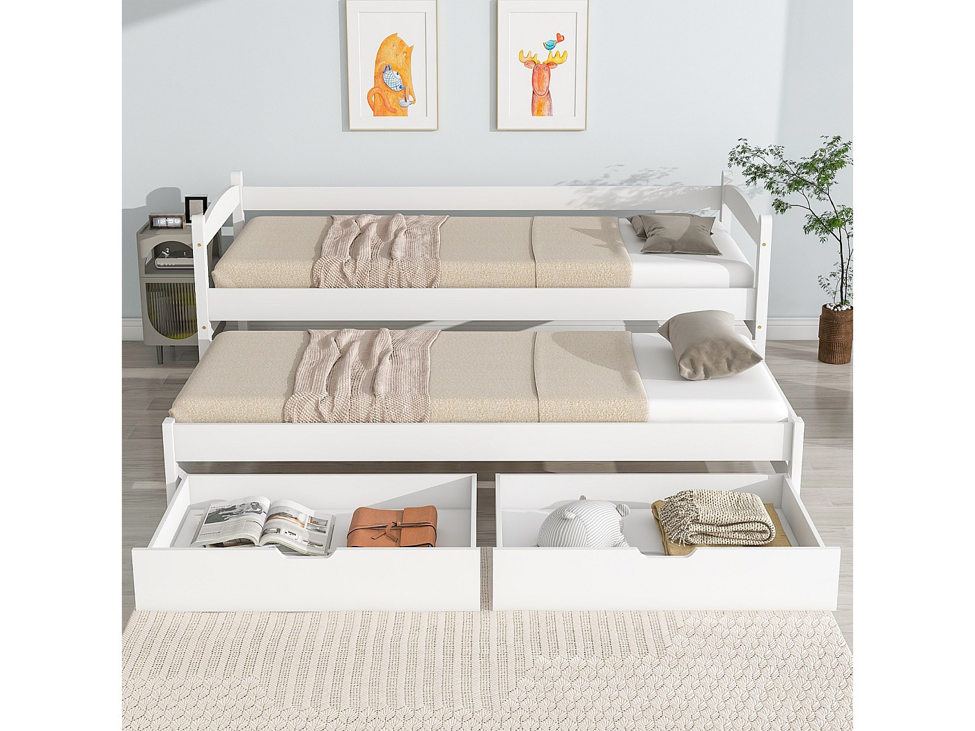 Letto A Castello Con Letto Estraibile E Cassetti - 90x200 Cm In Legno Di Pino, Bianco, Per Bambini E Ragazzi - Foto 5