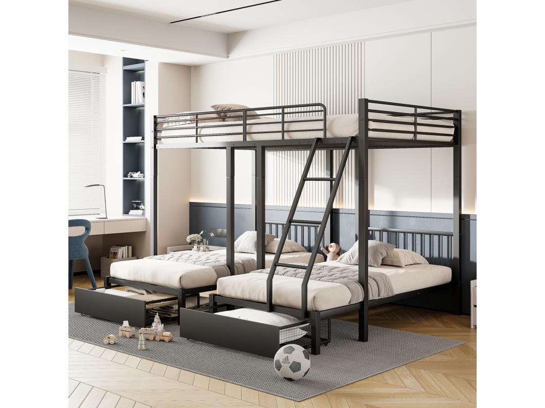 Letto a castello triplo, struttura in metallo, 140x200cm e 2 letti 90x200cm, con scaletta e 2 cassetti, rete inclusa, nero
