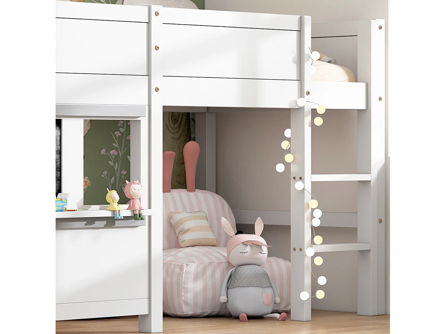 Lit superposé 90x200cm, lit cabane enfant avec 1xsommier à lattes, 3 escaliers de rangement et fenêtre, Pin+MDF, blanc