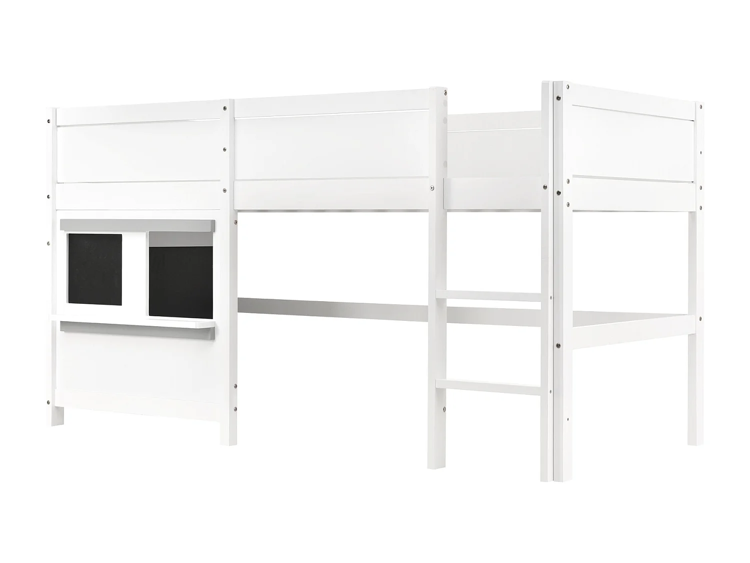 Lit superposé 90x200cm, lit cabane enfant avec 1xsommier à lattes, 3 escaliers de rangement et fenêtre, Pin+MDF, blanc