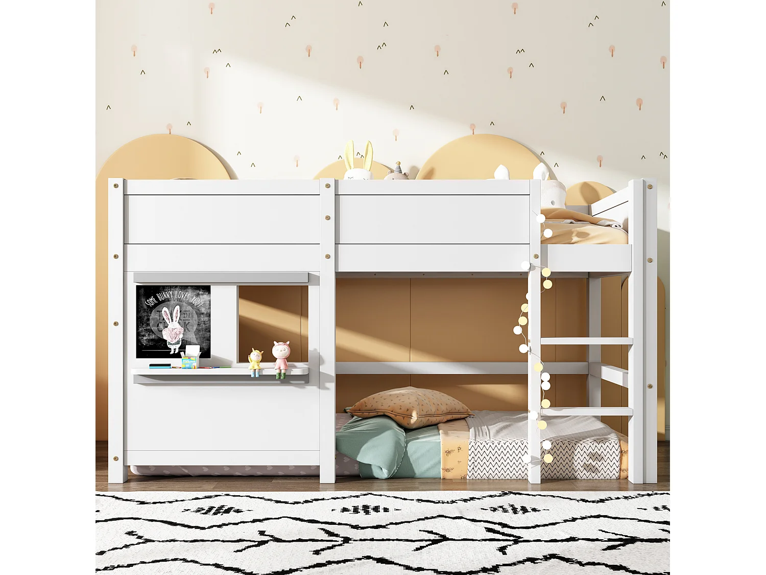 Lit superposé 90x200cm, lit cabane enfant avec 1xsommier à lattes, 3 escaliers de rangement et fenêtre, Pin+MDF, blanc