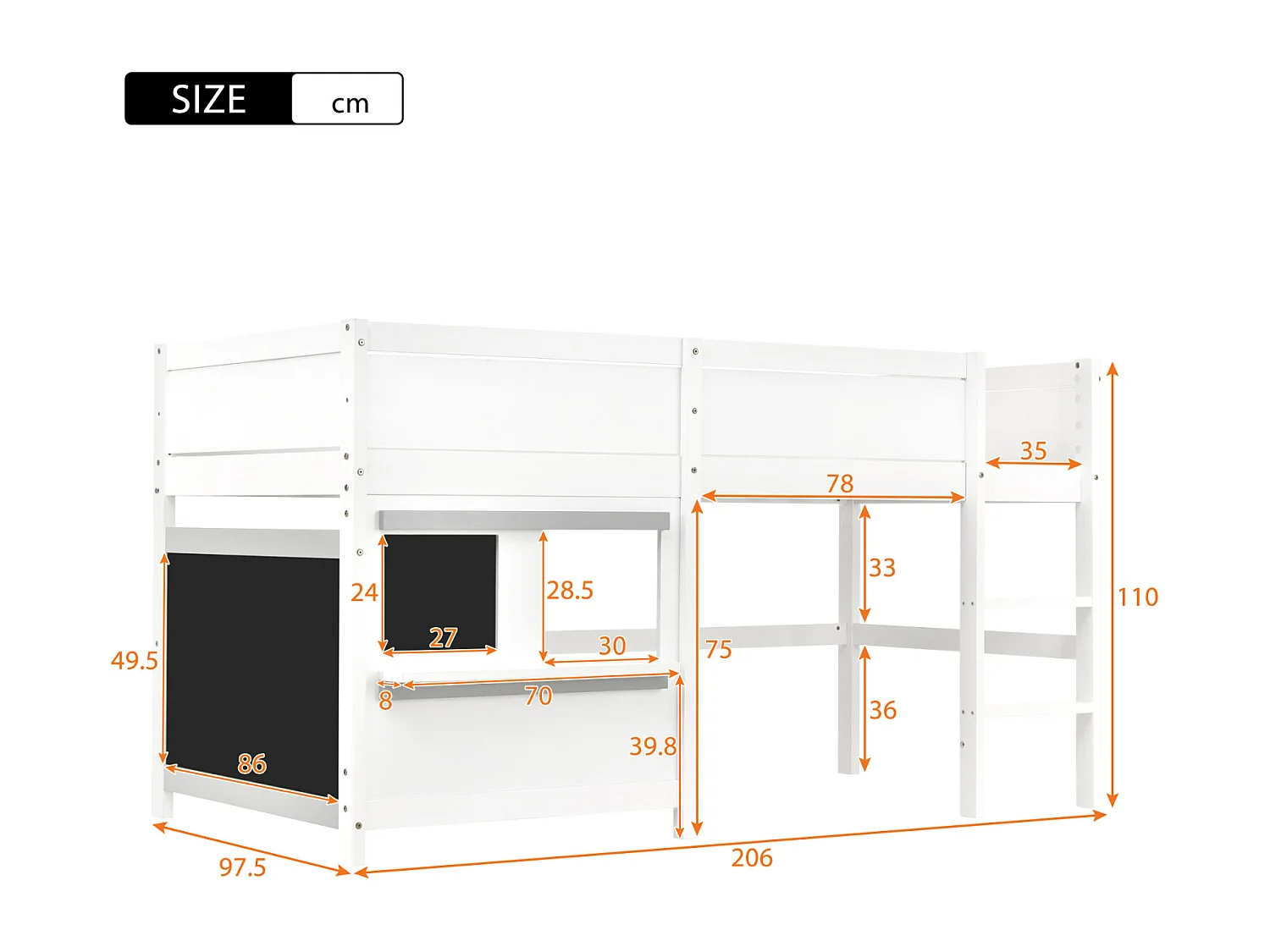 Lit superposé 90x200cm, lit cabane enfant avec 1xsommier à lattes, 3 escaliers de rangement et fenêtre, Pin+MDF, blanc