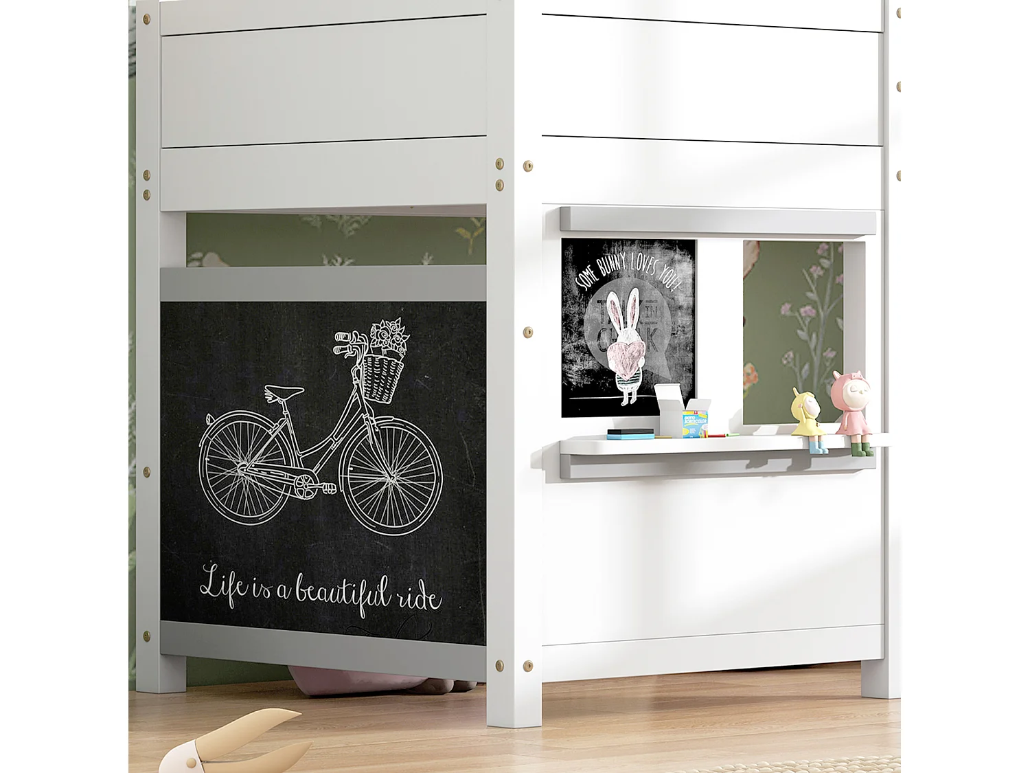 Lit superposé 90x200cm, lit cabane enfant avec 1xsommier à lattes, 3 escaliers de rangement et fenêtre, Pin+MDF, blanc