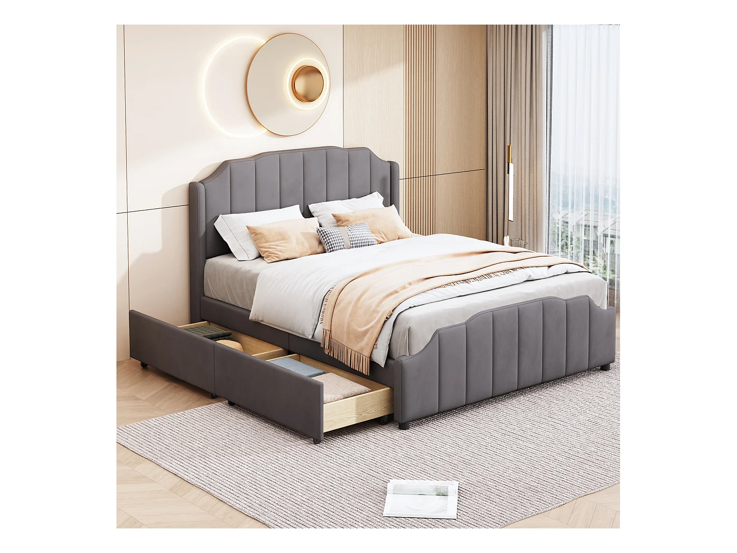 Lit adulte 140x200cm avec 2 tiroirs, cadre de lit en bois avec sommier à lattes et tête de lit velours, gris