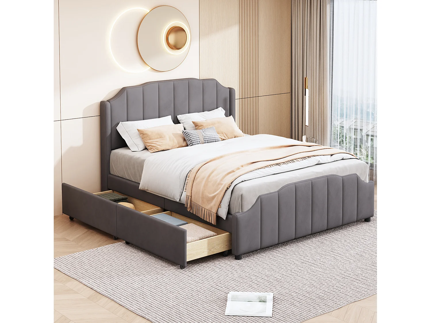 Lit adulte 140x200cm avec 2 tiroirs, cadre de lit en bois avec sommier à lattes et tête de lit velours, gris