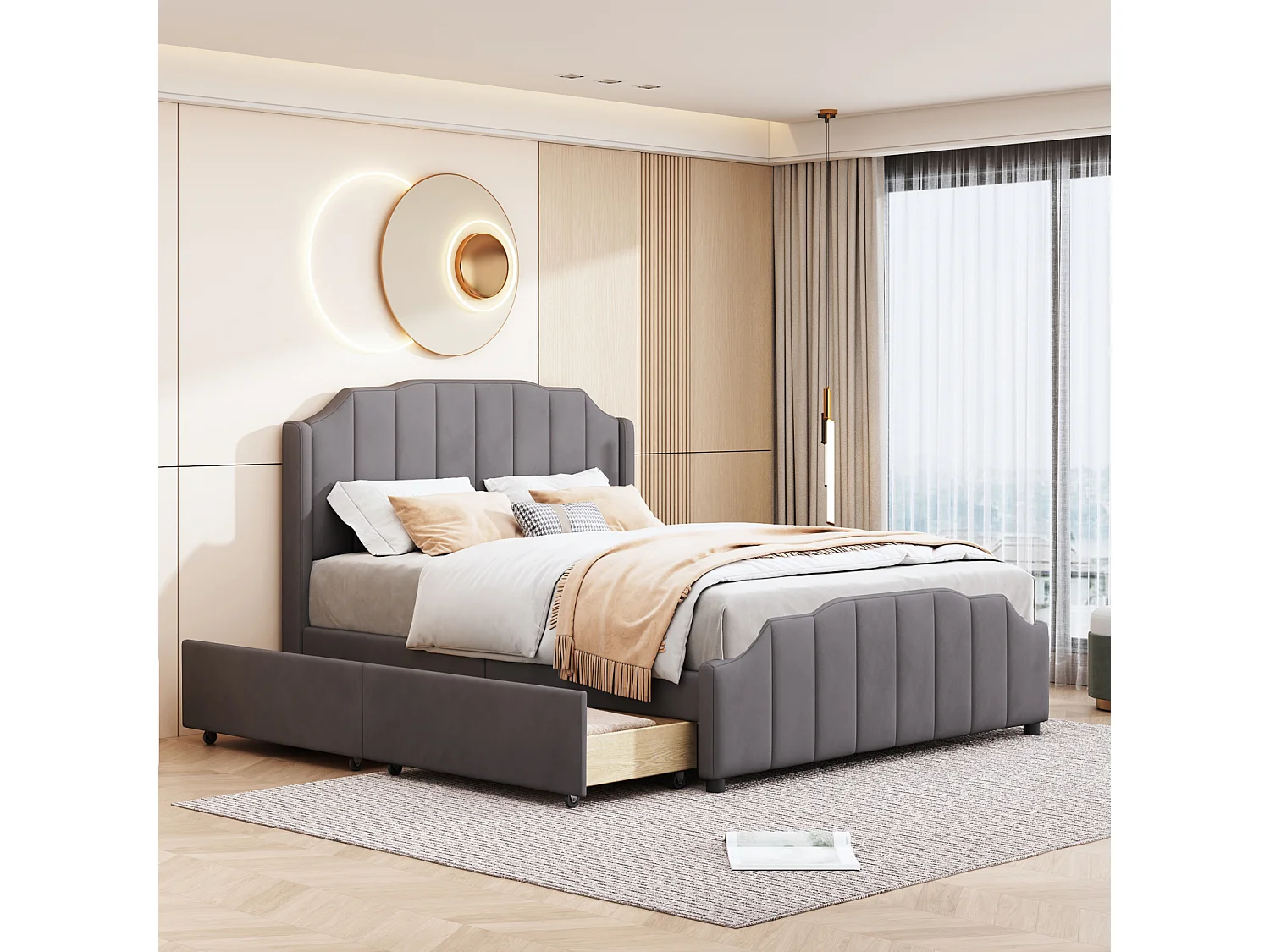 Lit adulte 140x200cm avec 2 tiroirs, cadre de lit en bois avec sommier à lattes et tête de lit velours, gris