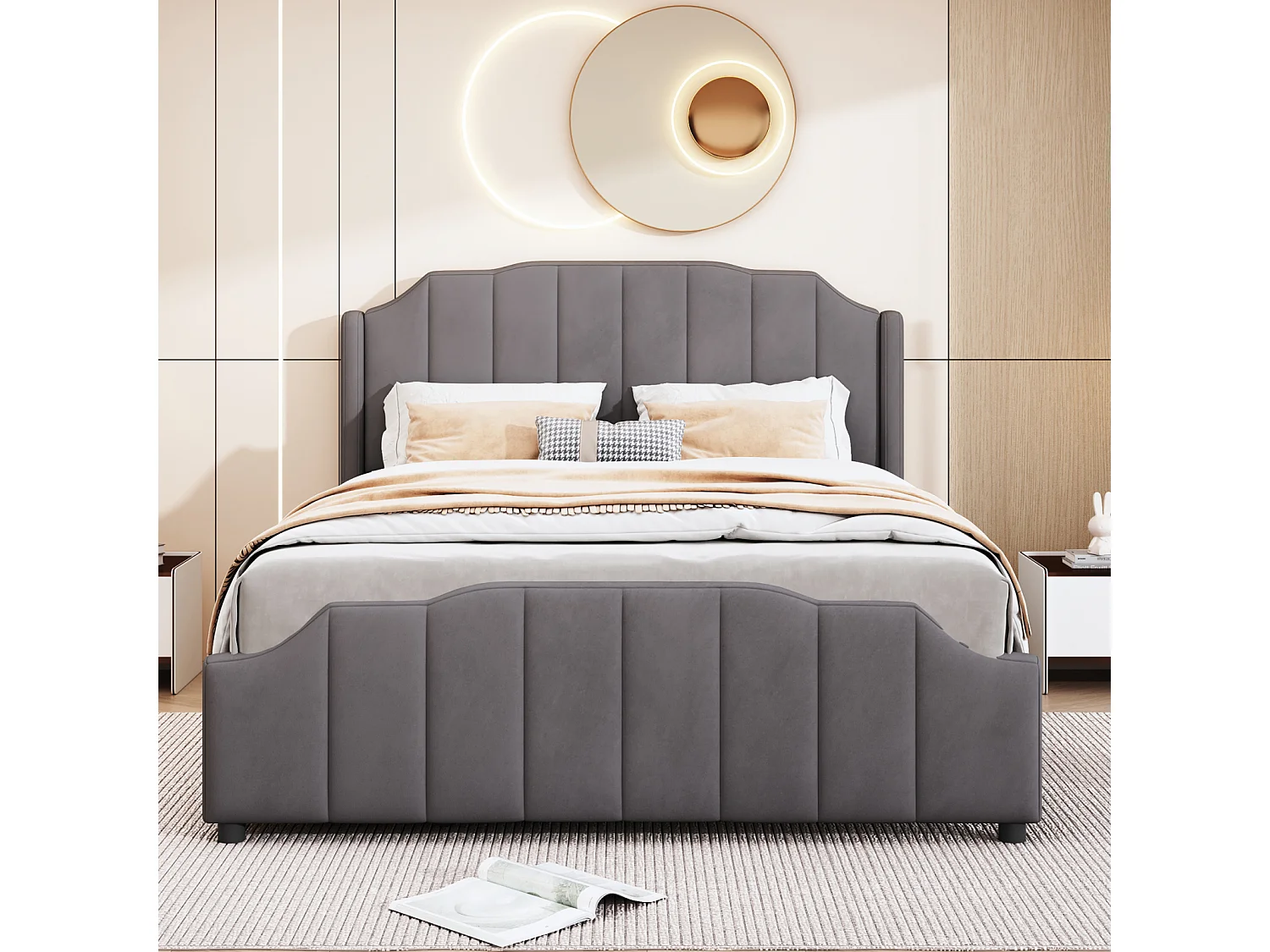 Lit adulte 140x200cm avec 2 tiroirs, cadre de lit en bois avec sommier à lattes et tête de lit velours, gris