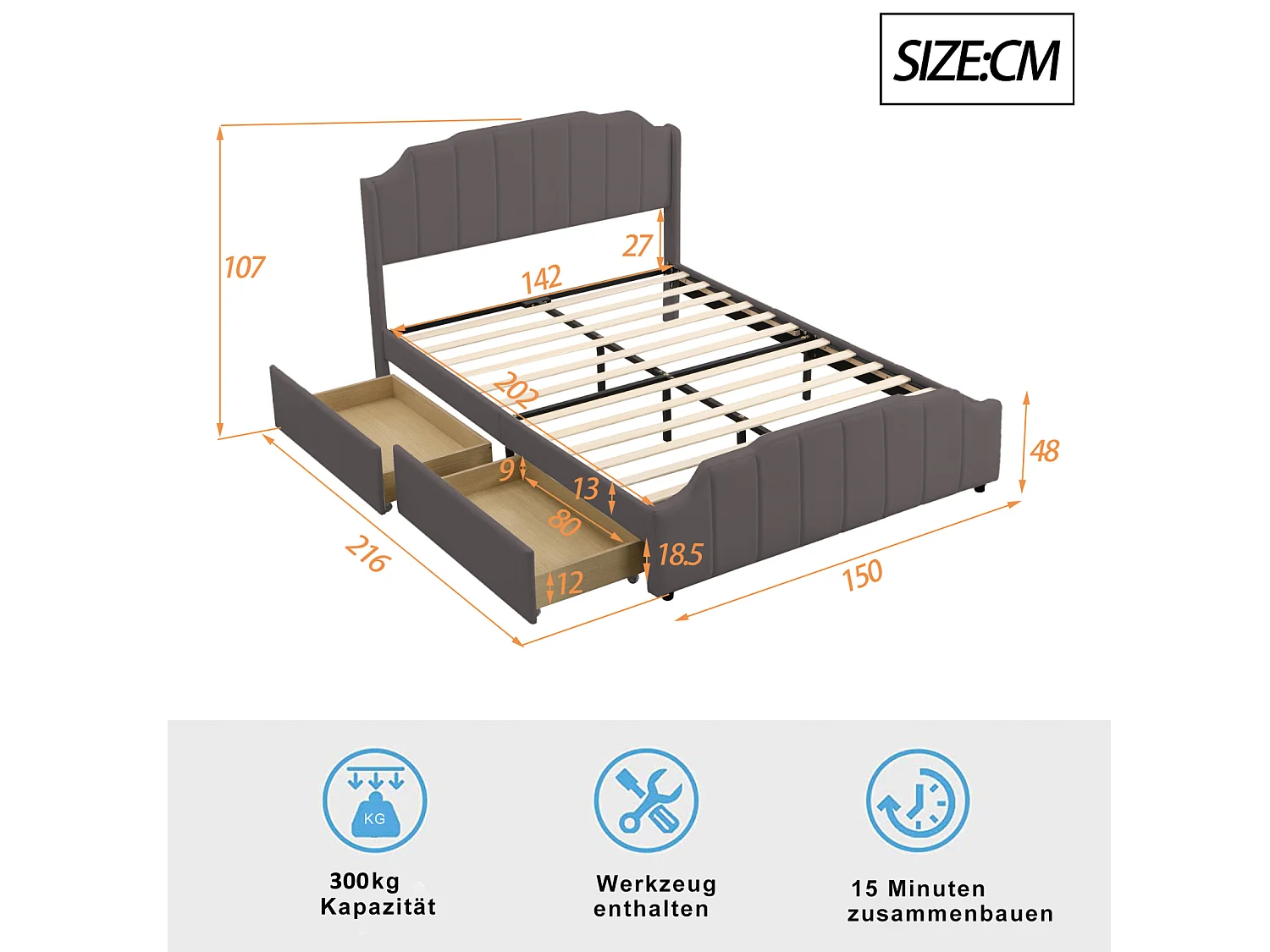 Lit adulte 140x200cm avec 2 tiroirs, cadre de lit en bois avec sommier à lattes et tête de lit velours, gris