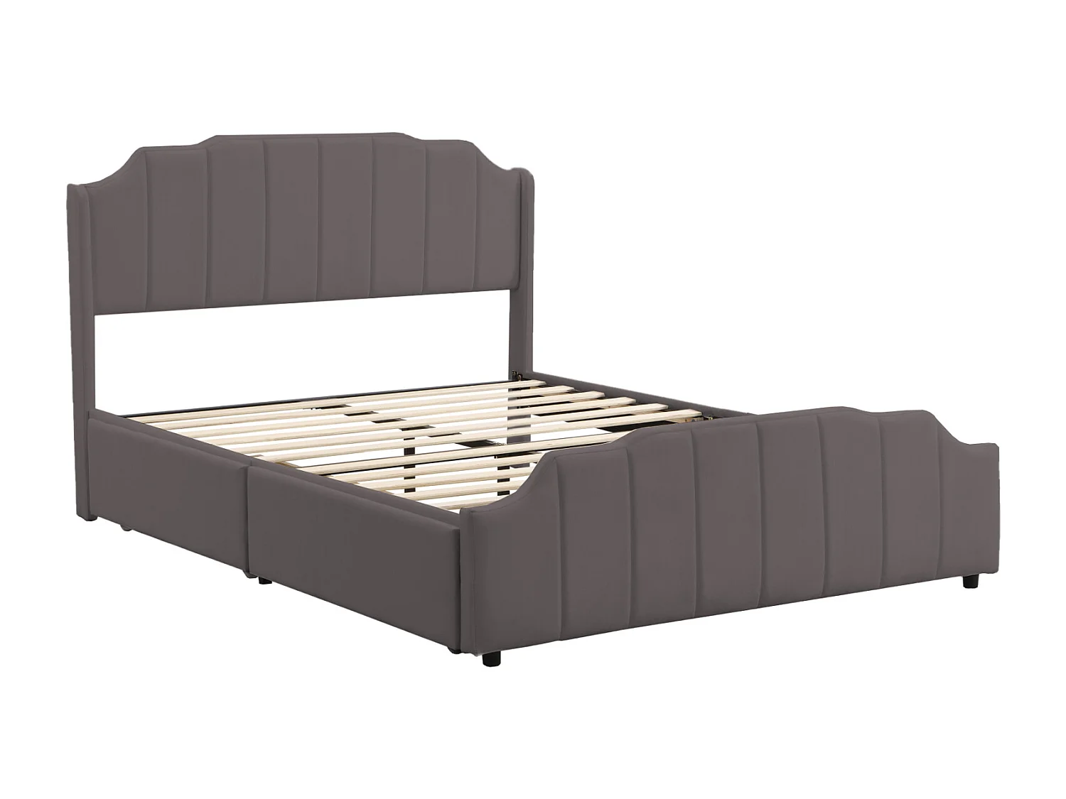 Lit adulte 140x200cm avec 2 tiroirs, cadre de lit en bois avec sommier à lattes et tête de lit velours, gris