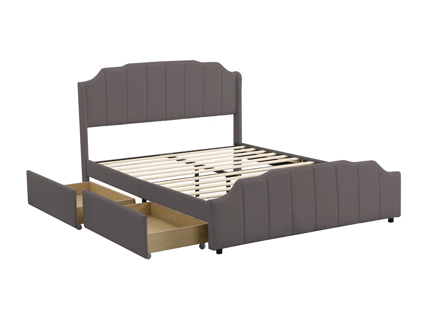 Lit adulte 140x200cm avec 2 tiroirs, cadre de lit en bois avec sommier à lattes et tête de lit velours, gris