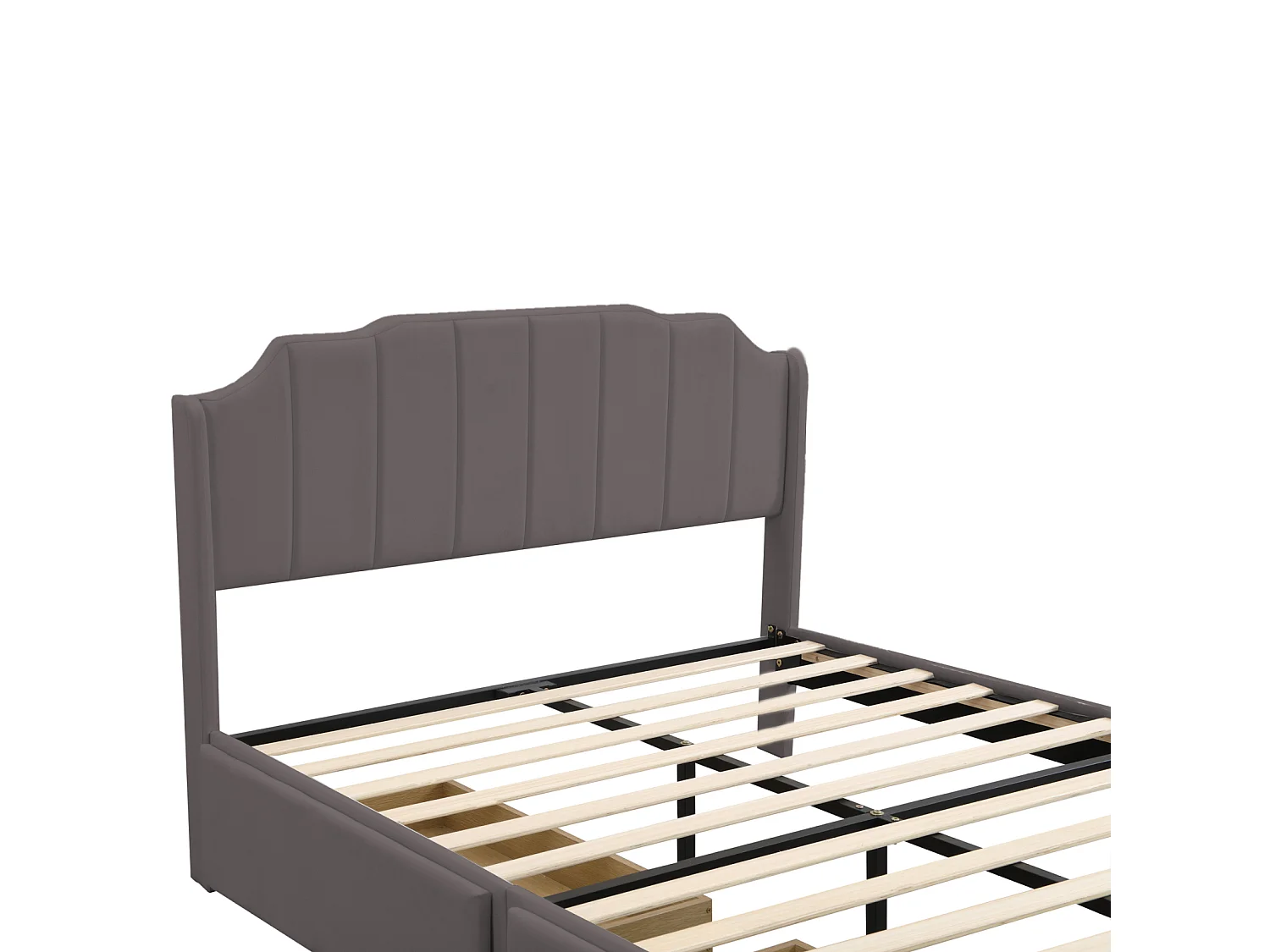 Lit adulte 140x200cm avec 2 tiroirs, cadre de lit en bois avec sommier à lattes et tête de lit velours, gris