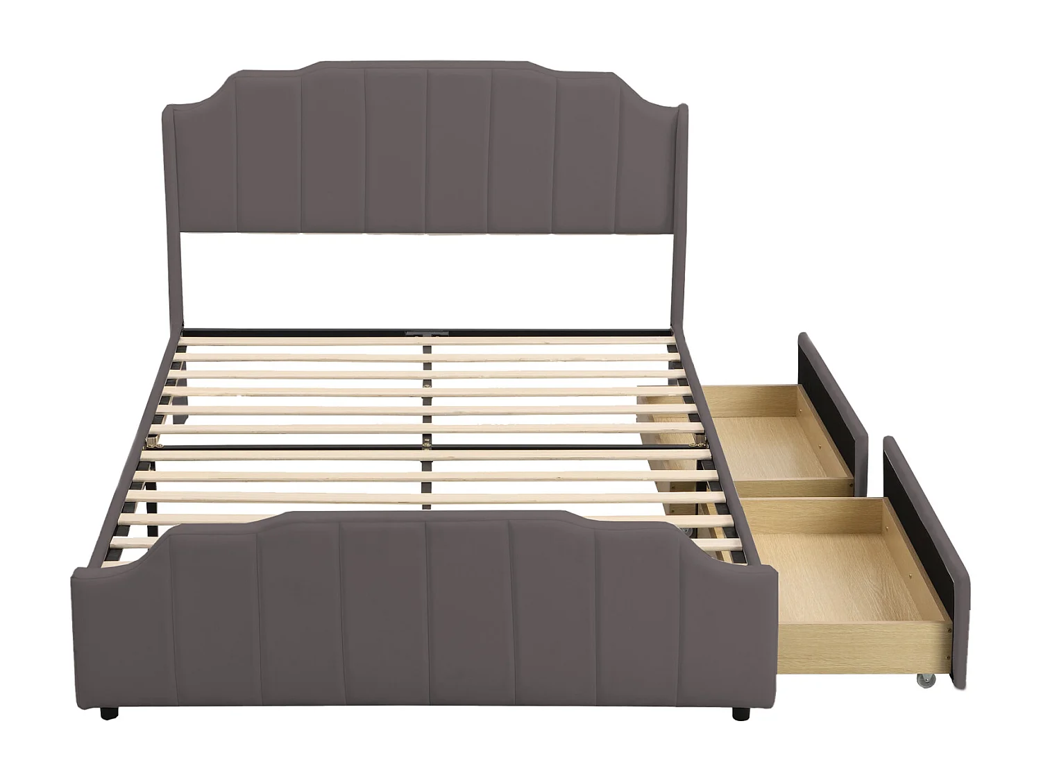 Lit adulte 140x200cm avec 2 tiroirs, cadre de lit en bois avec sommier à lattes et tête de lit velours, gris