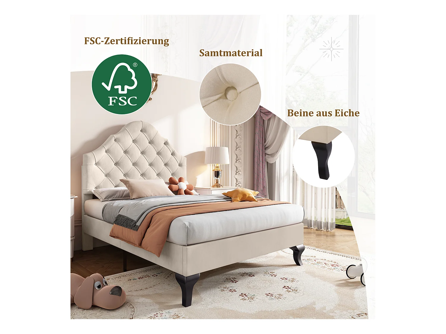 Lit simple capitonné 90x200cm - lit avec sommier à lattes en bois et tête de lit réglable en nuage pour adolescent, enfant - lit en velours beige