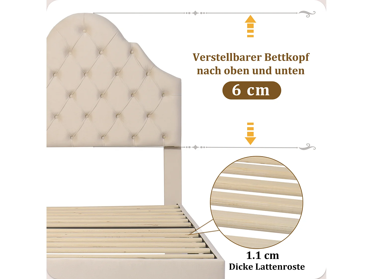 Lit simple capitonné 90x200cm - lit avec sommier à lattes en bois et tête de lit réglable en nuage pour adolescent, enfant - lit en velours beige