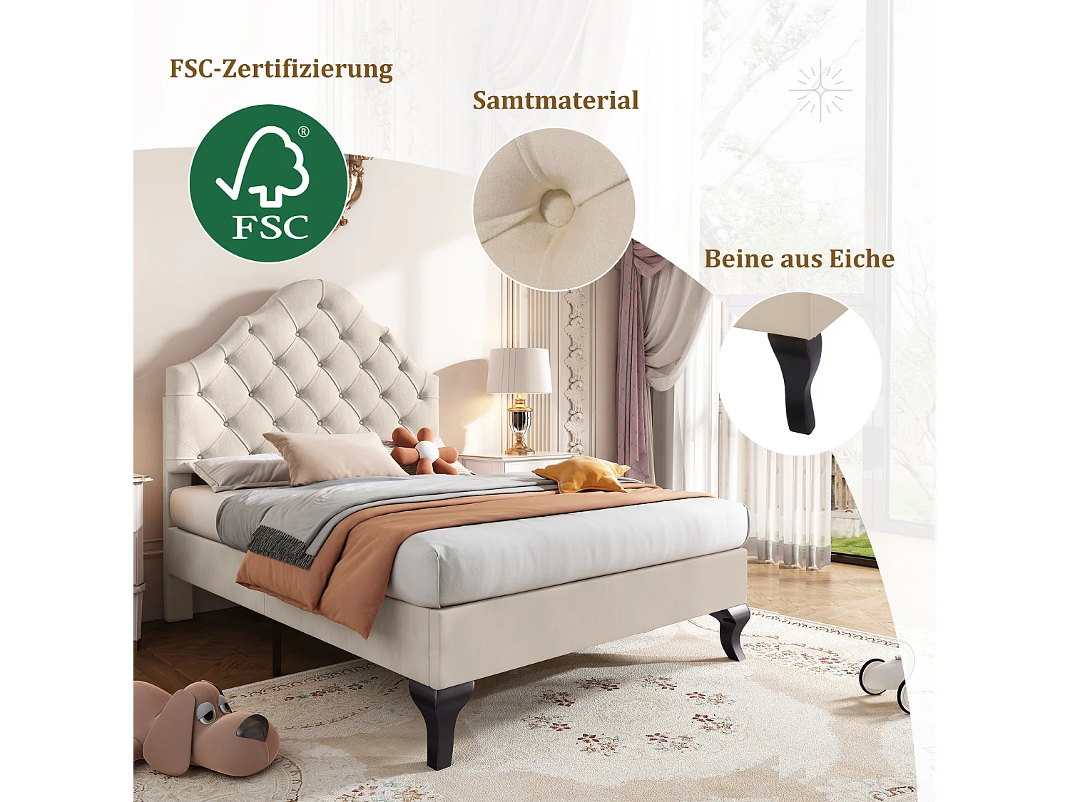 Lit simple capitonné 90x200cm - lit avec sommier à lattes en bois et tête de lit réglable en nuage pour adolescent, enfant - lit en velours beige