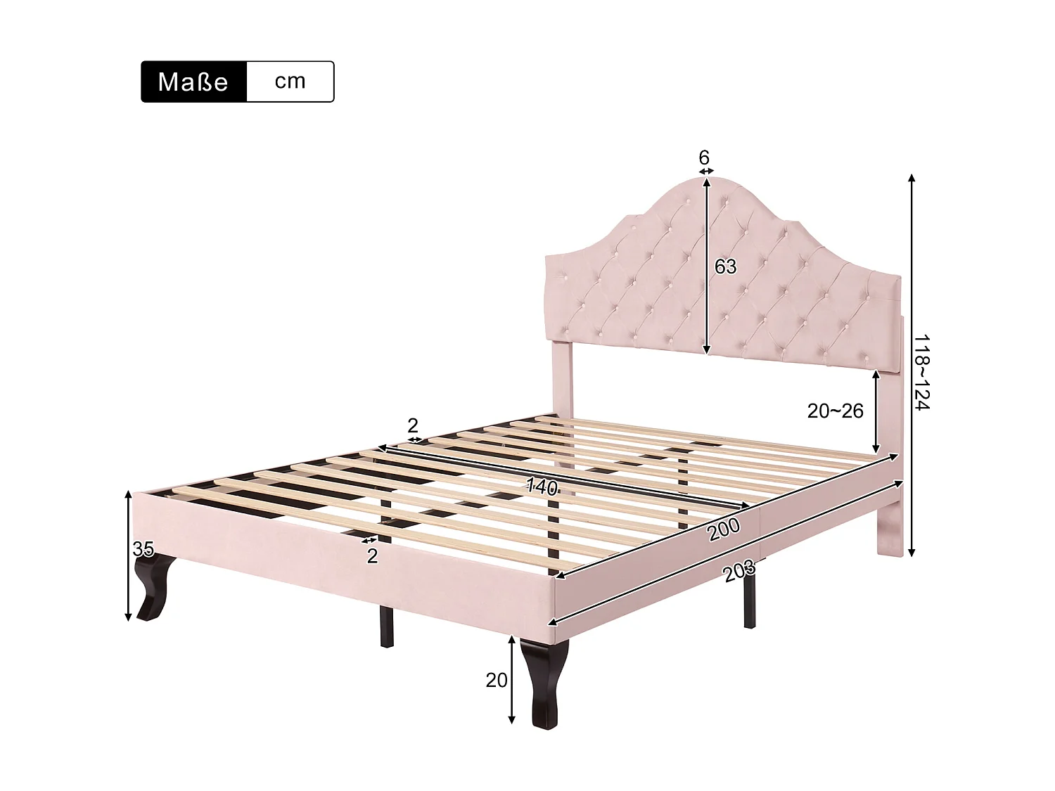 Gestoffeerd tweepersoonsbed met houten lattenbodem en verstelbaar wolkenhoofdeinde voor tieners en kinderen - roze fluwelen bed 140x200cm
