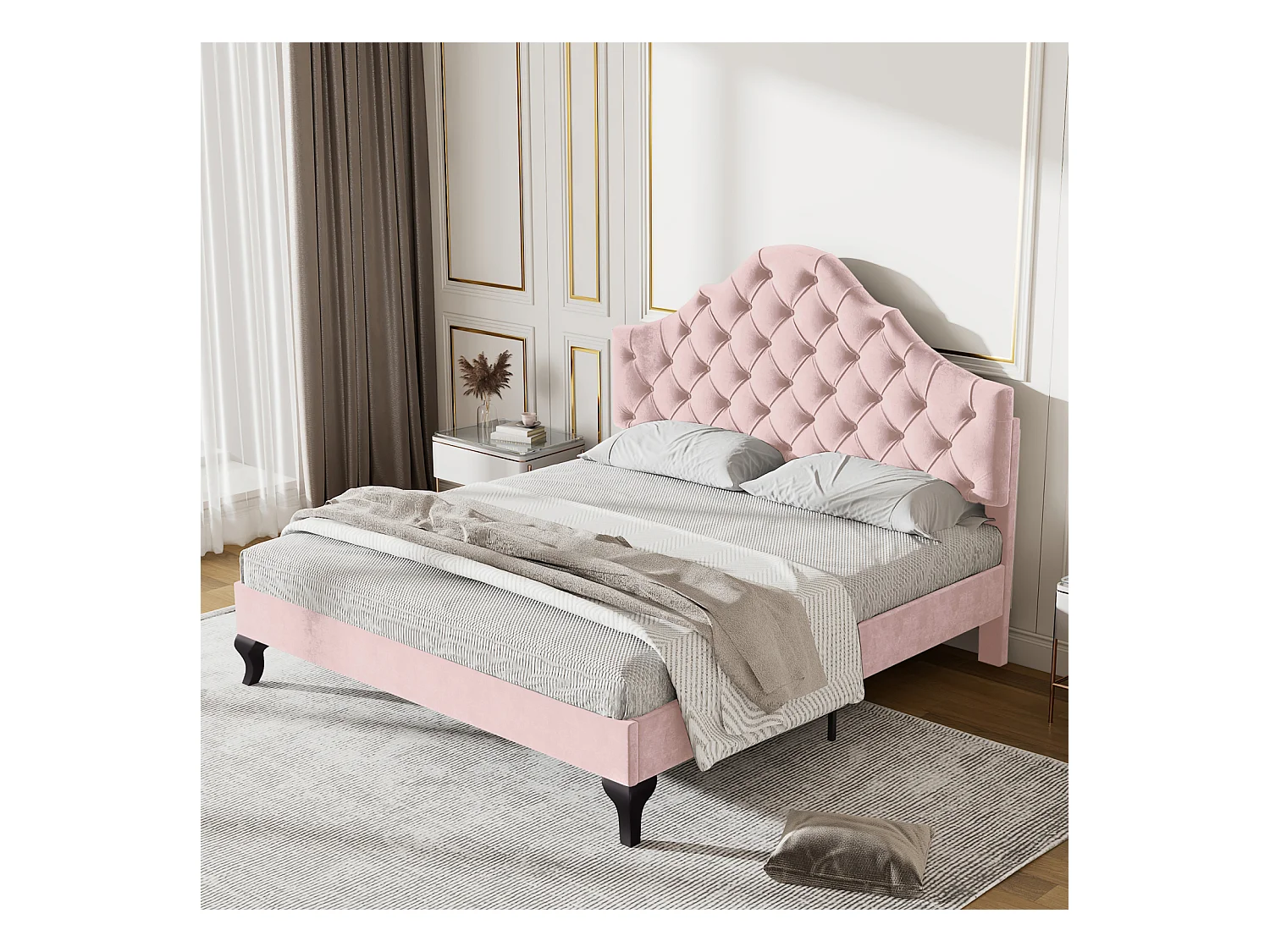 Lit double capitonné avec sommier à lattes en bois et tête de lit réglable en nuage pour adolescent, enfant - lit en velours rose 140x200cm