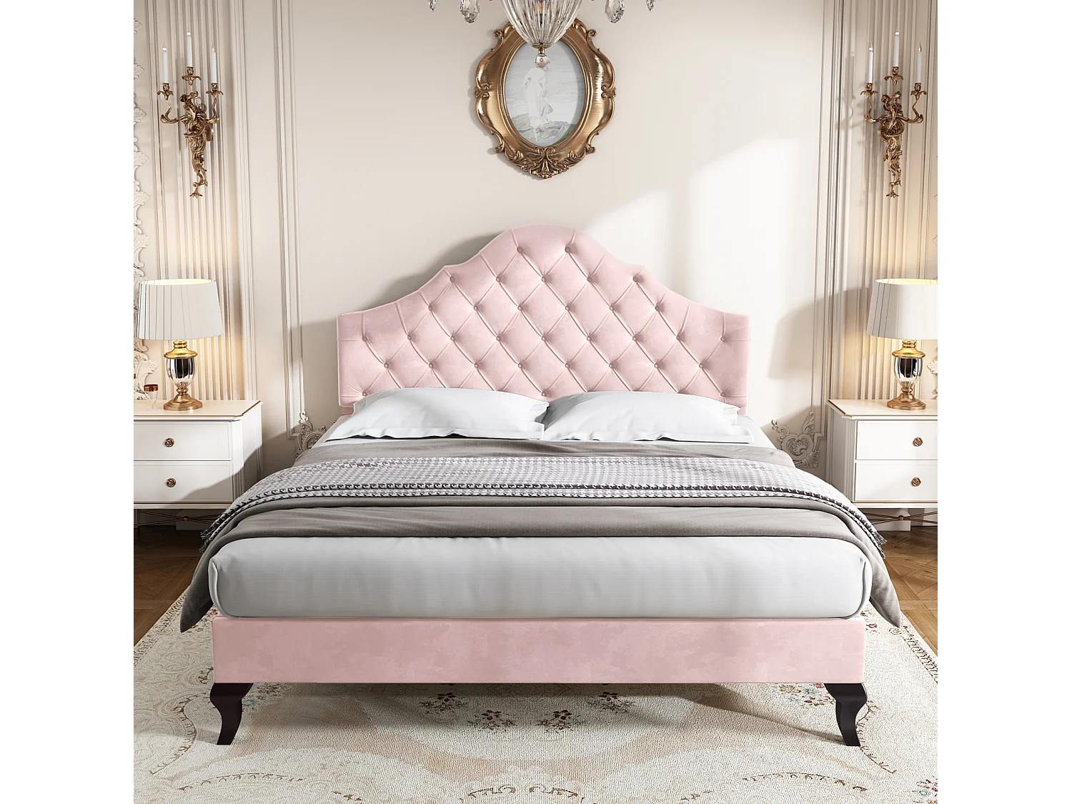 Gestoffeerd tweepersoonsbed met houten lattenbodem en verstelbaar wolkenhoofdeinde voor tieners en kinderen - roze fluwelen bed 140x200cm