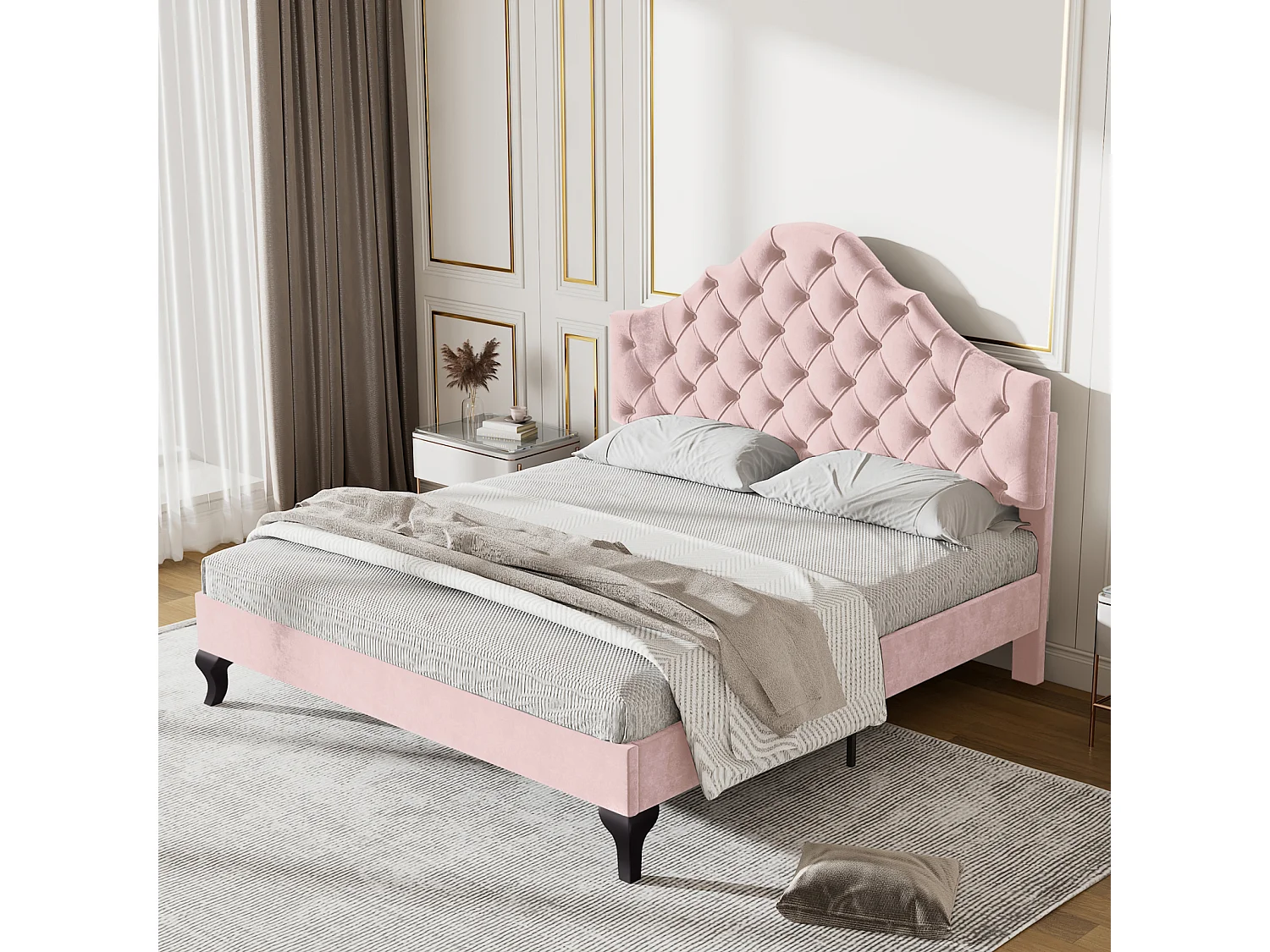 Gestoffeerd tweepersoonsbed met houten lattenbodem en verstelbaar wolkenhoofdeinde voor tieners en kinderen - roze fluwelen bed 140x200cm