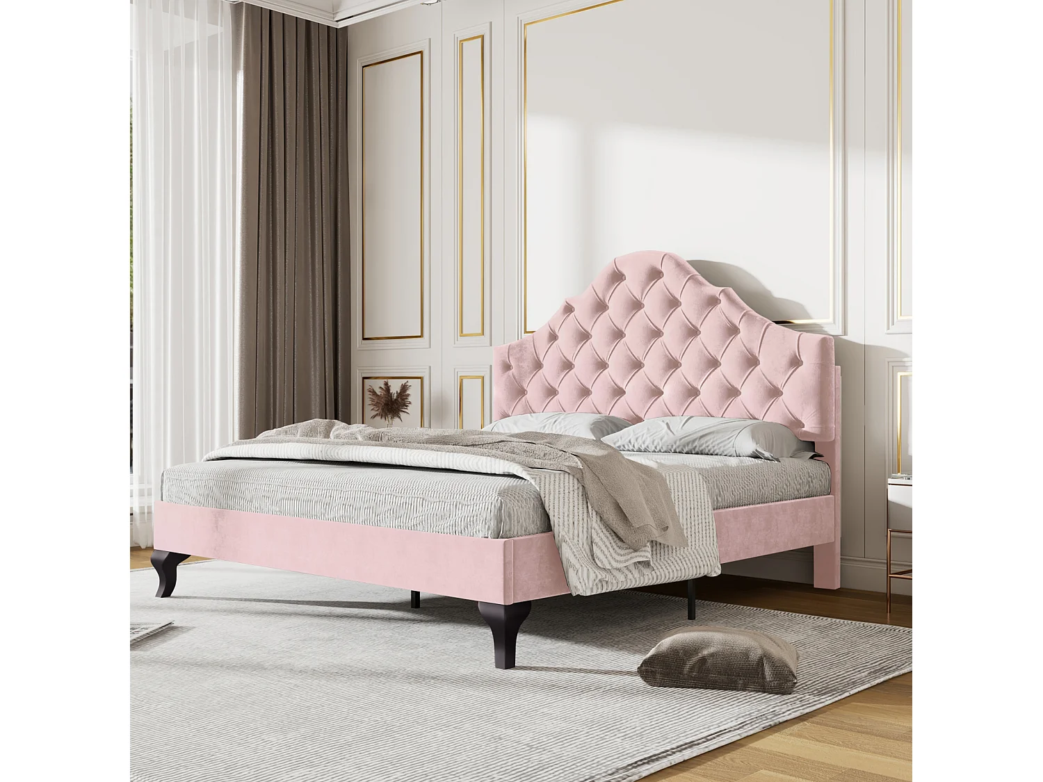 Gestoffeerd tweepersoonsbed met houten lattenbodem en verstelbaar wolkenhoofdeinde voor tieners en kinderen - roze fluwelen bed 140x200cm