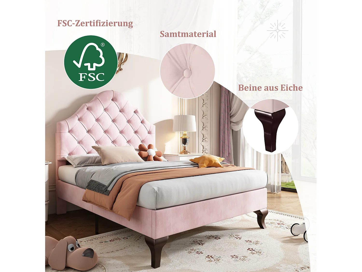 Gestoffeerd tweepersoonsbed met houten lattenbodem en verstelbaar wolkenhoofdeinde voor tieners en kinderen - roze fluwelen bed 140x200cm