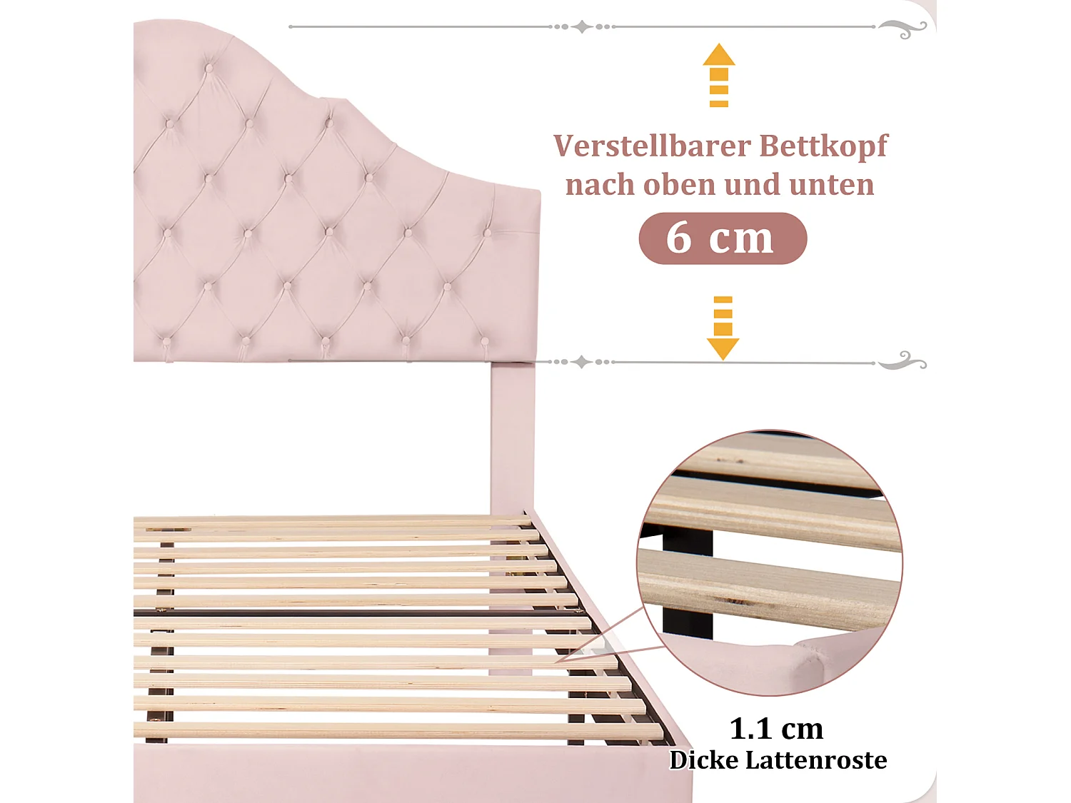 Gestoffeerd tweepersoonsbed met houten lattenbodem en verstelbaar wolkenhoofdeinde voor tieners en kinderen - roze fluwelen bed 140x200cm