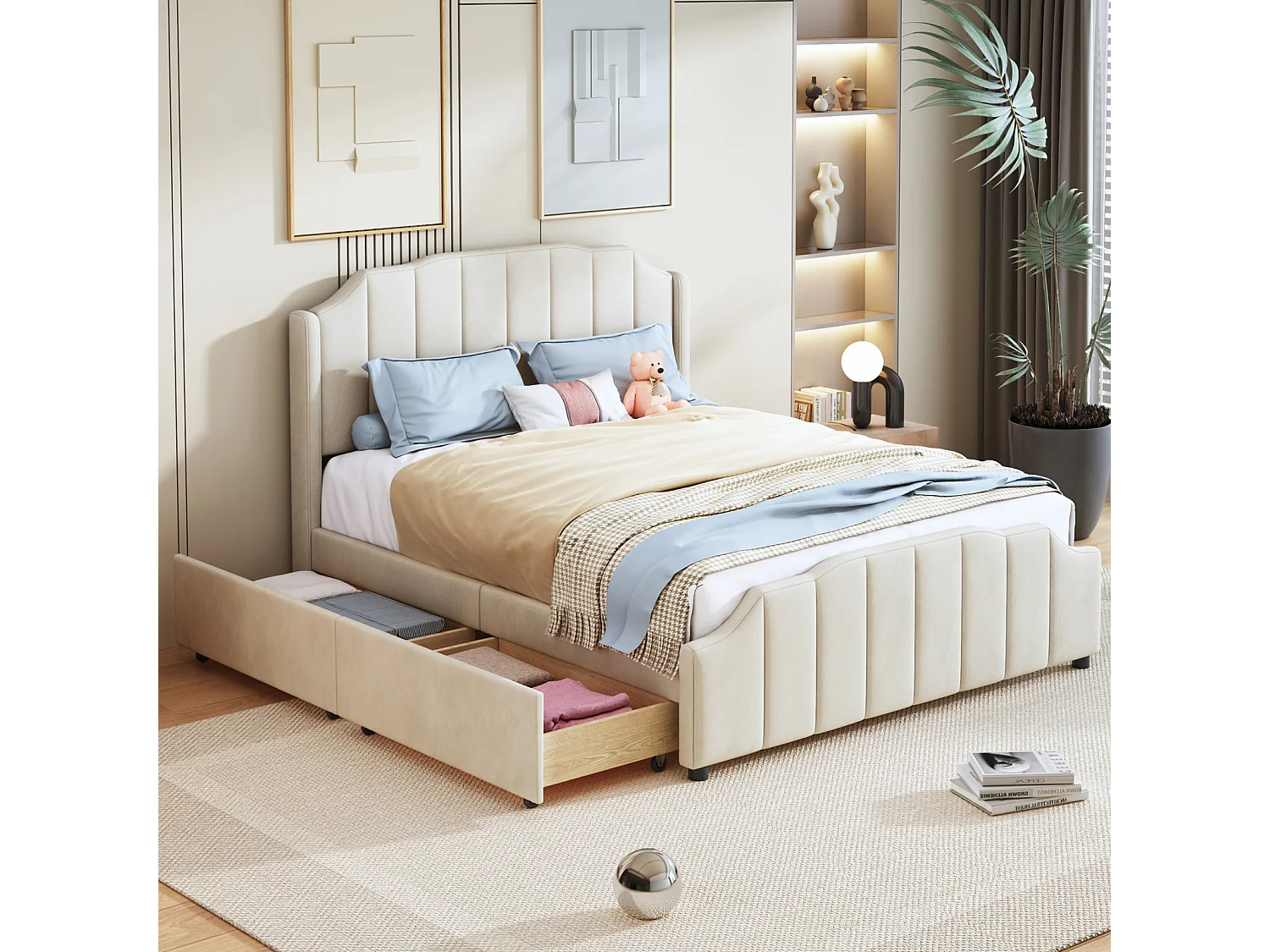 Lit adulte 140x200cm avec 2 tiroirs, cadre de lit en bois avec sommier à lattes et tête de lit velours, beige