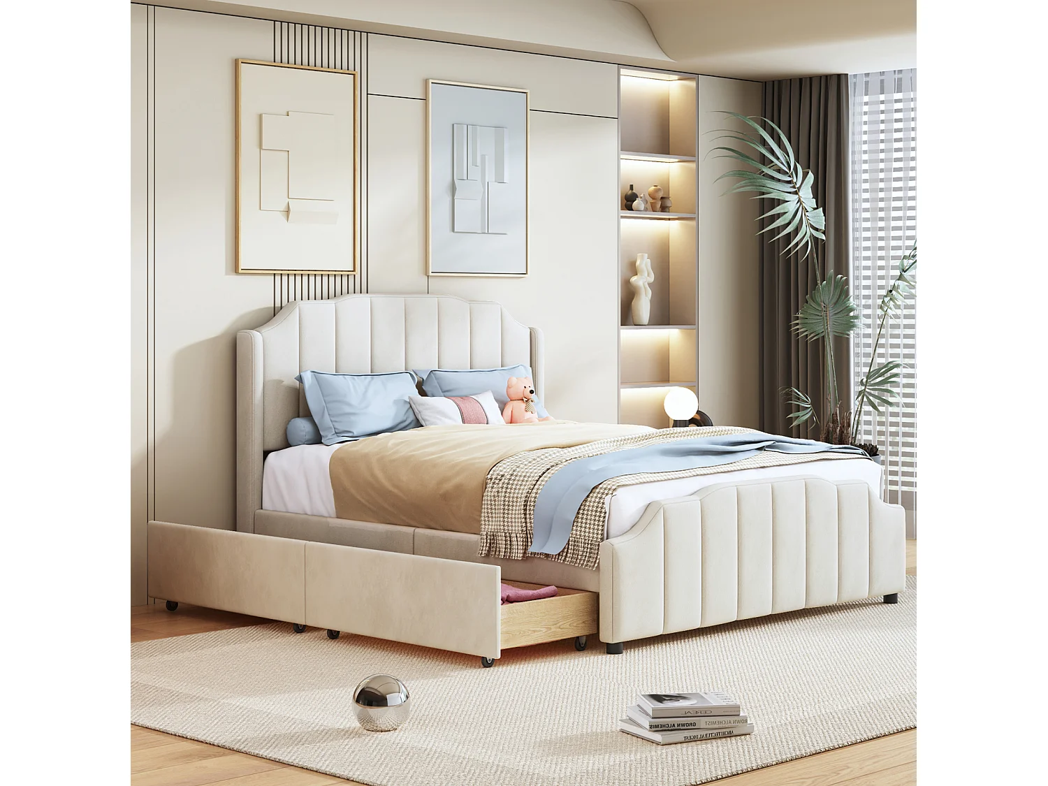 Lit adulte 140x200cm avec 2 tiroirs, cadre de lit en bois avec sommier à lattes et tête de lit velours, beige