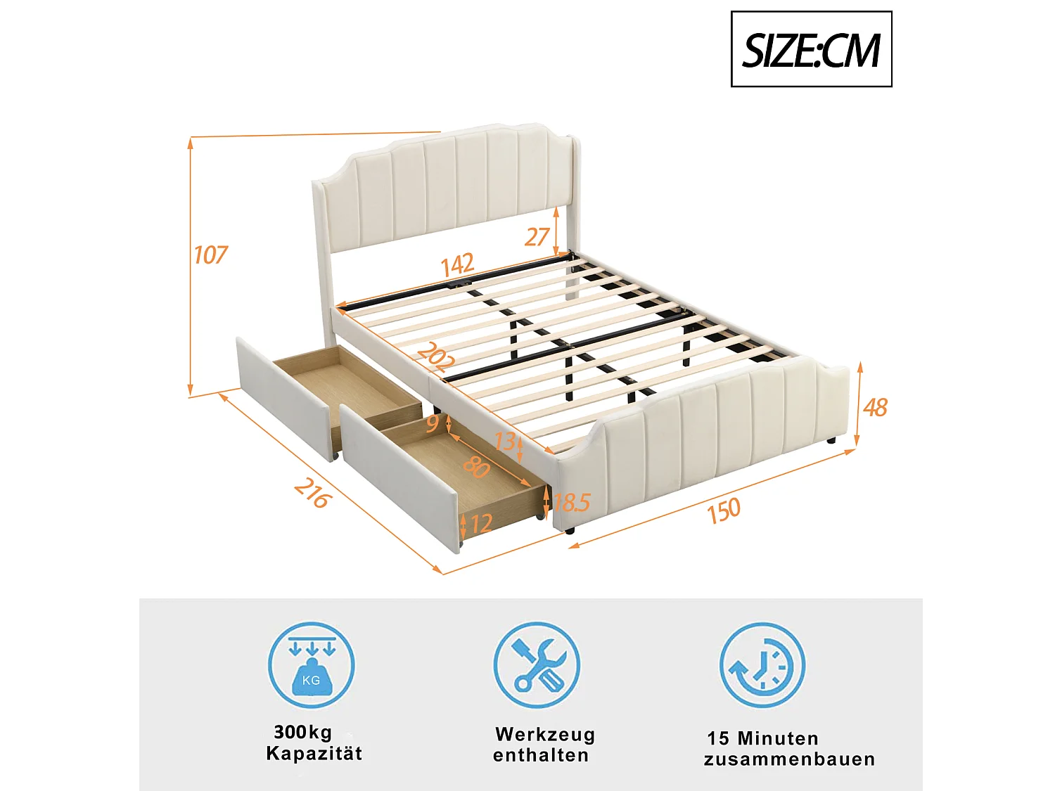 Lit adulte 140x200cm avec 2 tiroirs, cadre de lit en bois avec sommier à lattes et tête de lit velours, beige