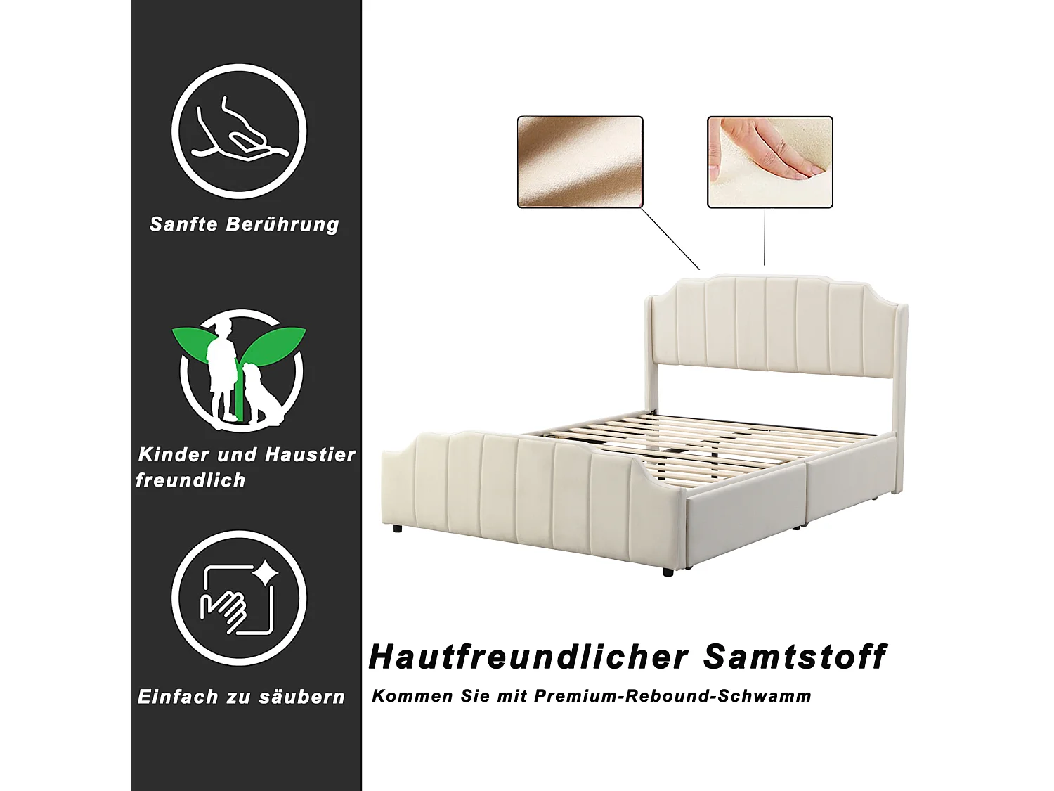 Lit adulte 140x200cm avec 2 tiroirs, cadre de lit en bois avec sommier à lattes et tête de lit velours, beige