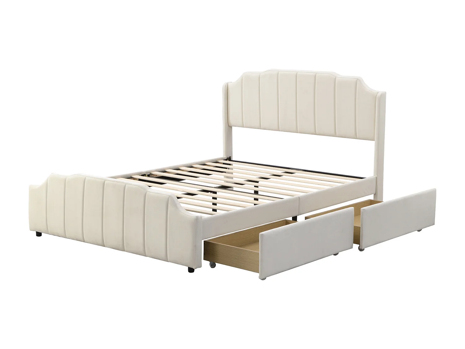 Lit adulte 140x200cm avec 2 tiroirs, cadre de lit en bois avec sommier à lattes et tête de lit velours, beige