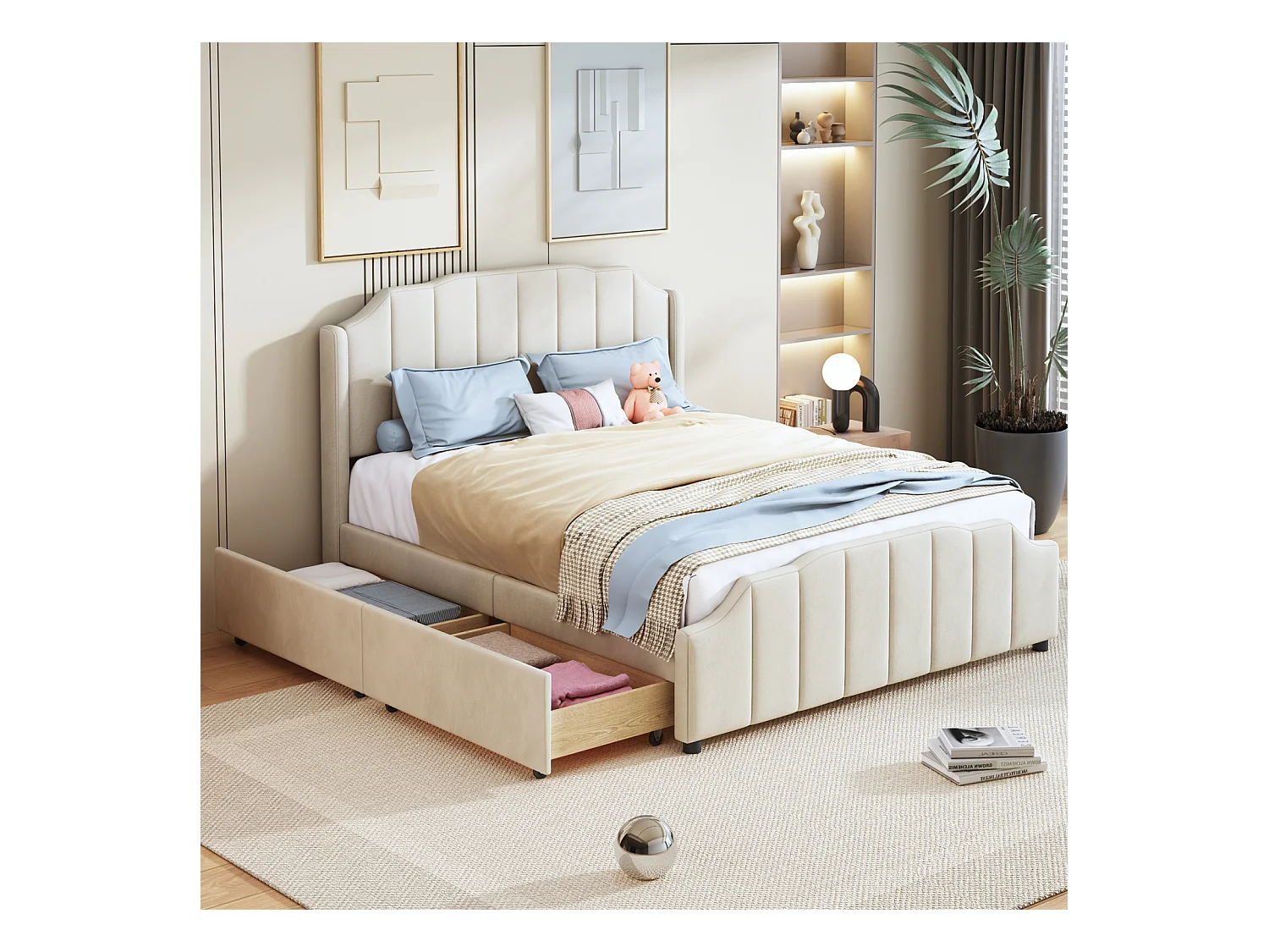 Volwassen bed 140x200cm met 2 lades, houten bedframe met lattenbodem en fluwelen hoofdbord, beige