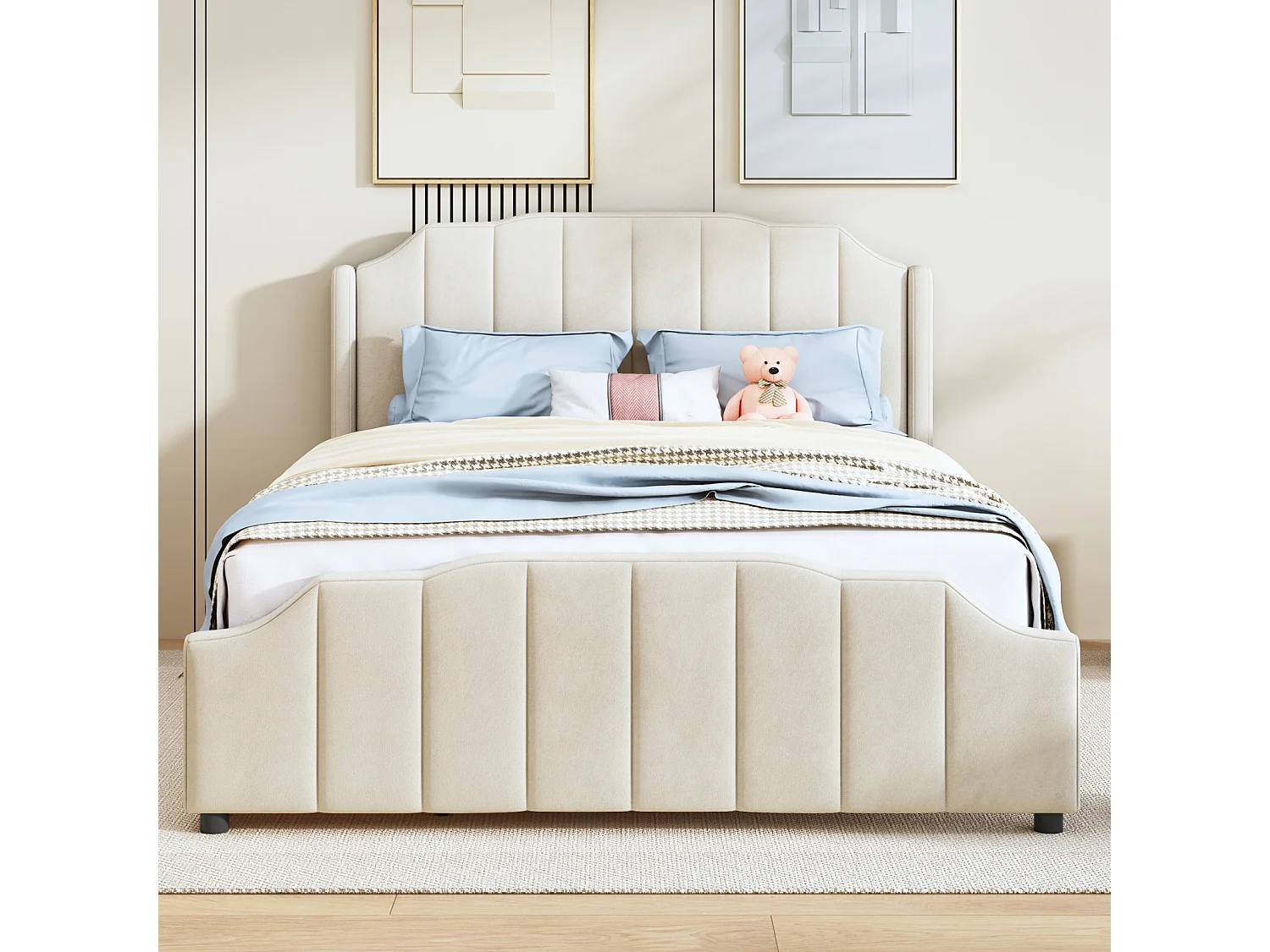 Volwassen bed 140x200cm met 2 lades, houten bedframe met lattenbodem en fluwelen hoofdbord, beige