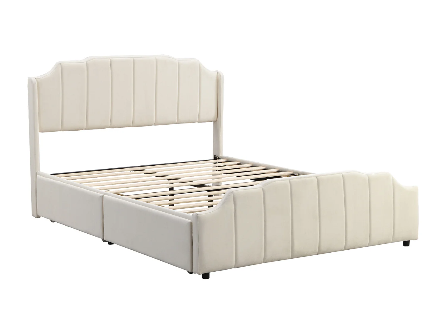 Volwassen bed 140x200cm met 2 lades, houten bedframe met lattenbodem en fluwelen hoofdbord, beige