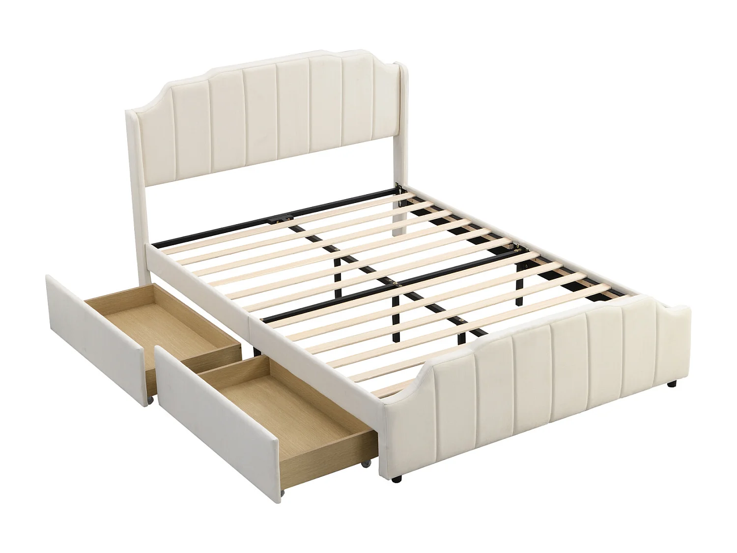 Volwassen bed 140x200cm met 2 lades, houten bedframe met lattenbodem en fluwelen hoofdbord, beige