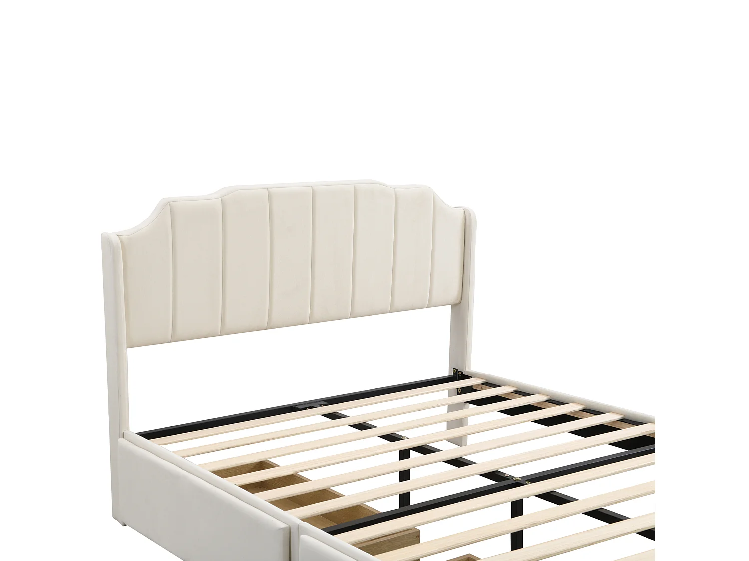 Volwassen bed 140x200cm met 2 lades, houten bedframe met lattenbodem en fluwelen hoofdbord, beige